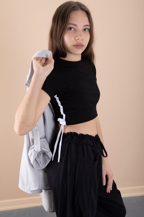 Gri Kız Çocuk Croplu Taşlı Gömlek ve Pantolonlu 3lü Takım 20469