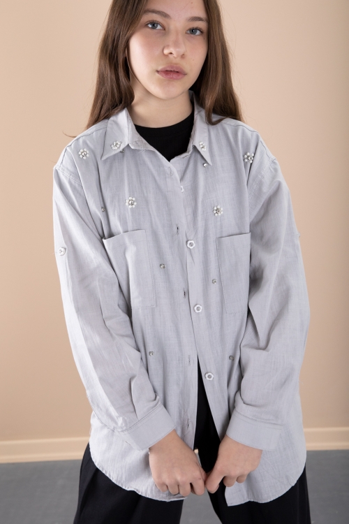 Gri Kız Çocuk Croplu Taşlı Gömlek ve Pantolonlu 3lü Takım 20469