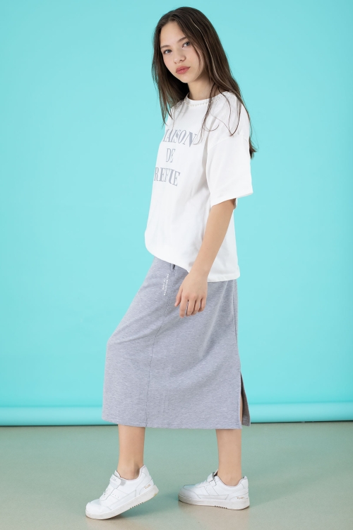 Gri Kalem Etekli Yazı Baskılı Tişörtlü Kız Çocuk 2lü Alt Üst Takım 20562