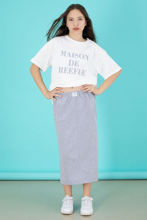 Gri Kalem Etekli Yazı Baskılı Tişörtlü Kız Çocuk 2lü Alt Üst Takım 20562