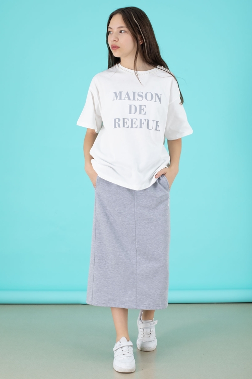 Gri Kalem Etekli Yazı Baskılı Tişörtlü Kız Çocuk 2lü Alt Üst Takım 20562