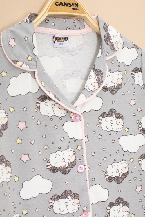 Gri Kuzu Desenli Kısa Kollu Kız Çocuk Göz Bantlı Pijama Takımı 20594