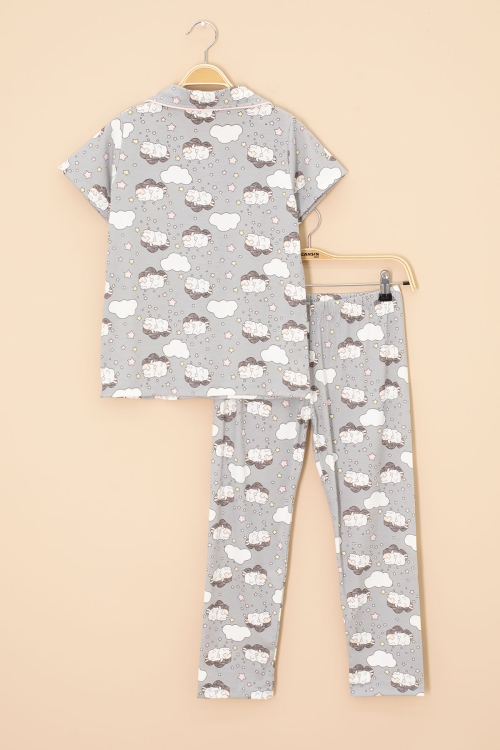 Gri Kuzu Desenli Kısa Kollu Kız Çocuk Göz Bantlı Pijama Takımı 20594