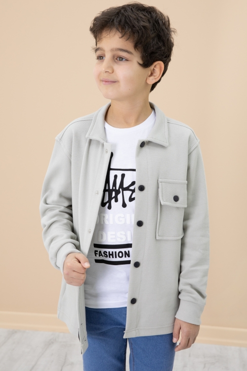 Gri Yazı Baskılı Tişörtlü Gömlekli Erkek Çocuk Takım 20008