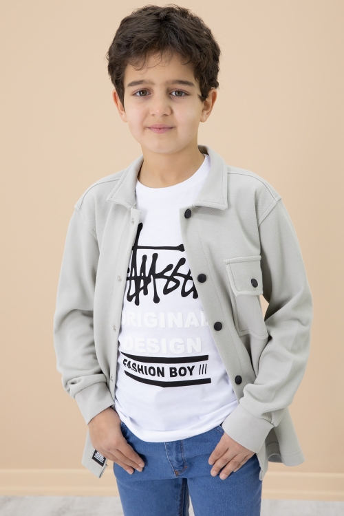 Gri Yazı Baskılı Tişörtlü Gömlekli Erkek Çocuk Takım 20008