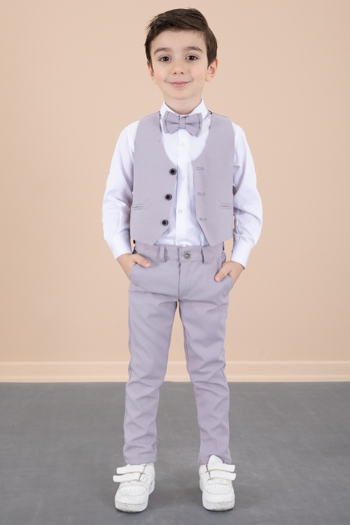 Gri Yelekli Papyonlu Gömlekli Kumaş Pantolonlu Erkek Çocuk Takım Elbise 20428