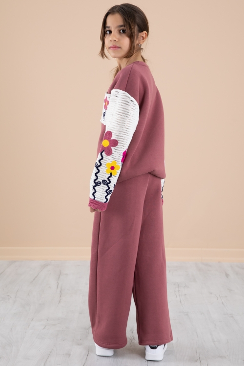 Gül Kurusu Çiçek Nakışlı Örgülü Kol Kız Çocuk Şardonlu Eşofman Takımı 20253