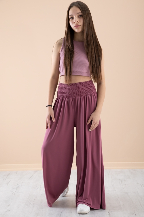 Gül Kurusu Fitilli Croplu Kız Çocuk Geniş Kesim Pantolonlu Takım 20383