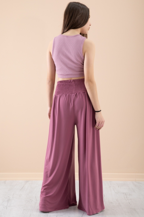 Gül Kurusu Fitilli Croplu Kız Çocuk Geniş Kesim Pantolonlu Takım 20383