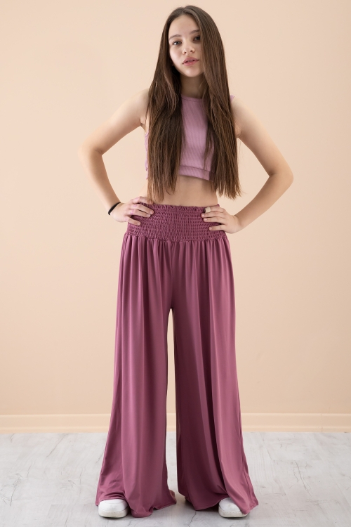 Gül Kurusu Fitilli Croplu Kız Çocuk Geniş Kesim Pantolonlu Takım 20383