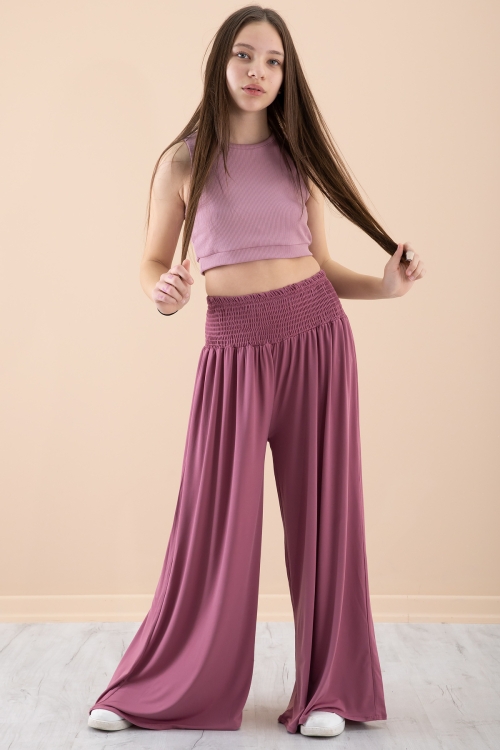 Gül Kurusu Fitilli Croplu Kız Çocuk Geniş Kesim Pantolonlu Takım 20383