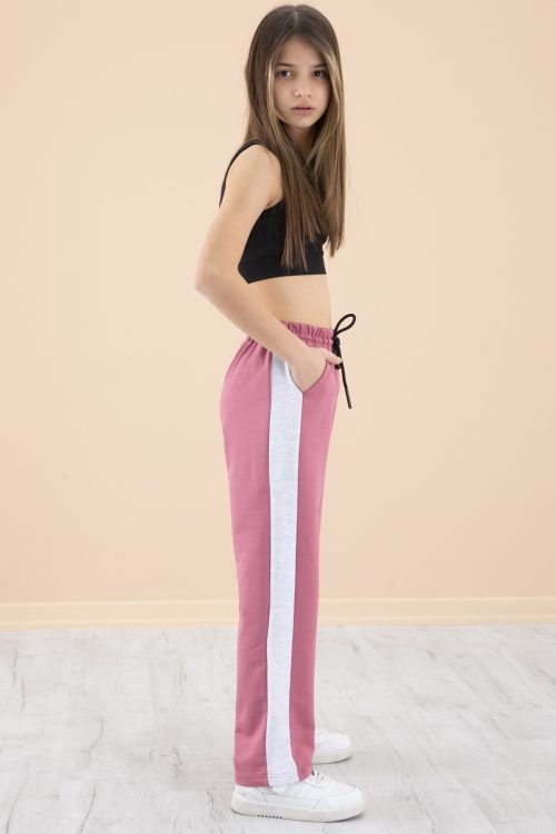 Gül Kurusu Garnili Geniş Paça Kız Çocuk Beli Lastikli Eşofman Altı 20197