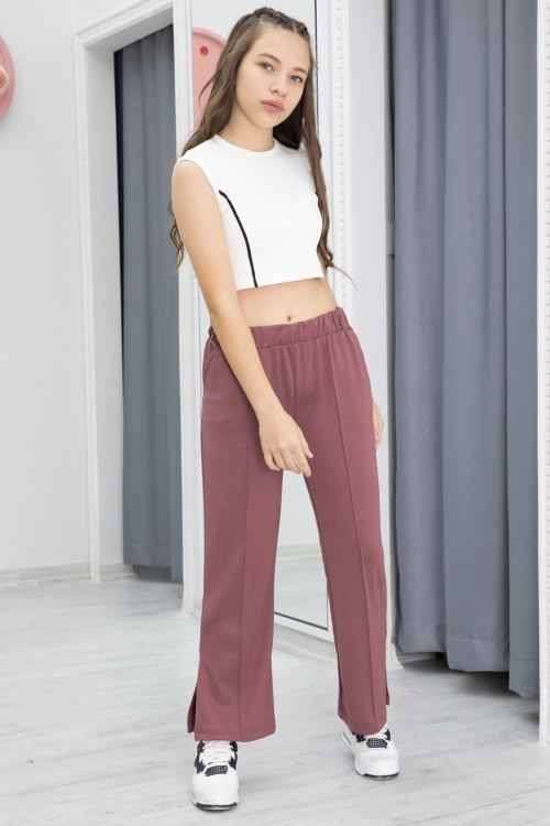 Gül Kurusu Geniş Paça Yırtmaçlı Kız Çocuk Pantolon 20286