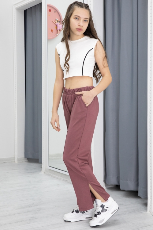 Gül Kurusu Geniş Paça Yırtmaçlı Kız Çocuk Pantolon 20286