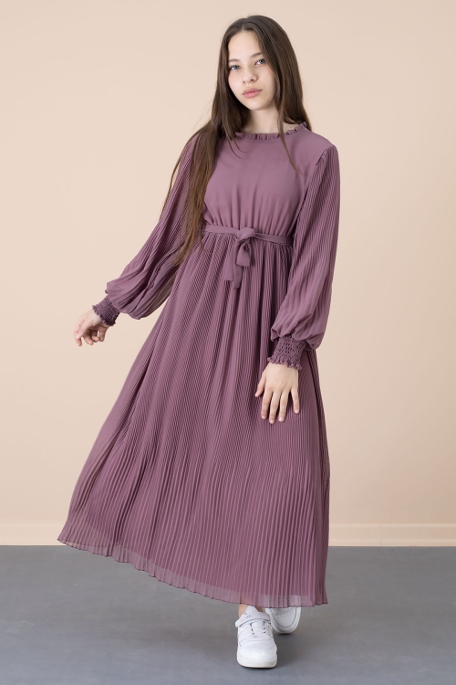 Gül Kurusu Yakası Fırfırlı Kuşaklı Kız Çocuk Piliseli Şifon Elbise 20559