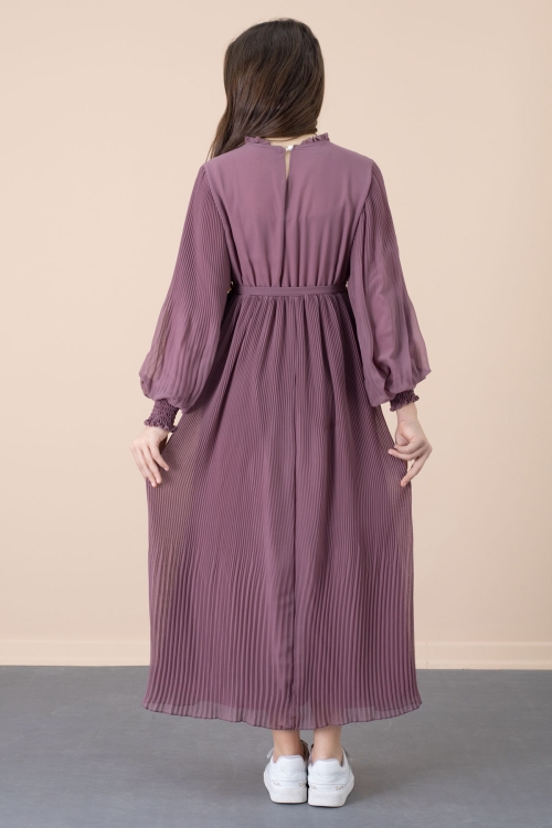 Gül Kurusu Yakası Fırfırlı Kuşaklı Kız Çocuk Piliseli Şifon Elbise 20559