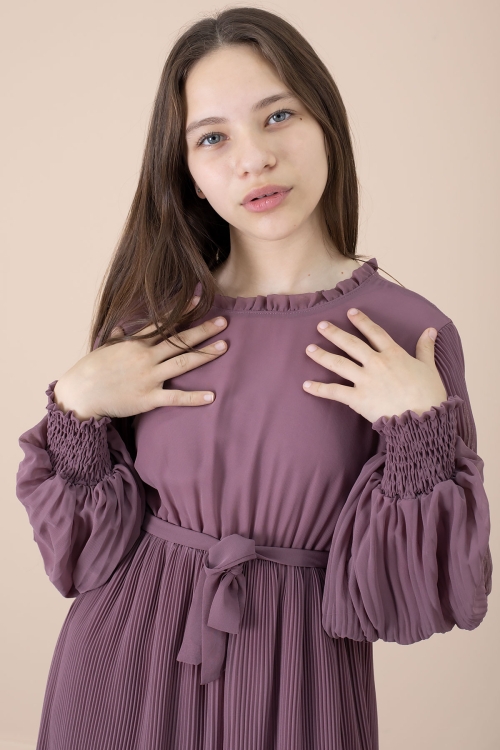 Gül Kurusu Yakası Fırfırlı Kuşaklı Kız Çocuk Piliseli Şifon Elbise 20559