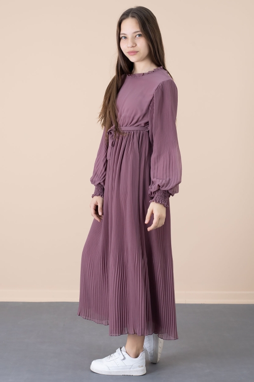 Gül Kurusu Yakası Fırfırlı Kuşaklı Kız Çocuk Piliseli Şifon Elbise 20559