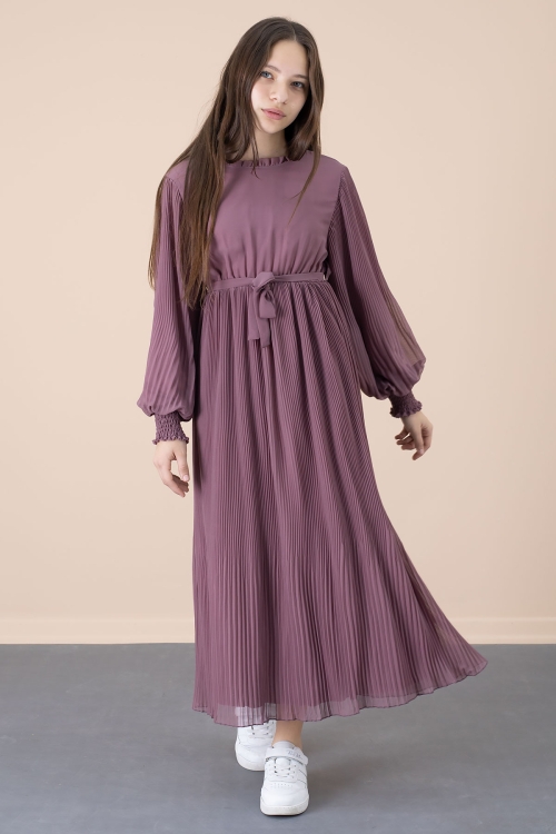 Gül Kurusu Yakası Fırfırlı Kuşaklı Kız Çocuk Piliseli Şifon Elbise 20559