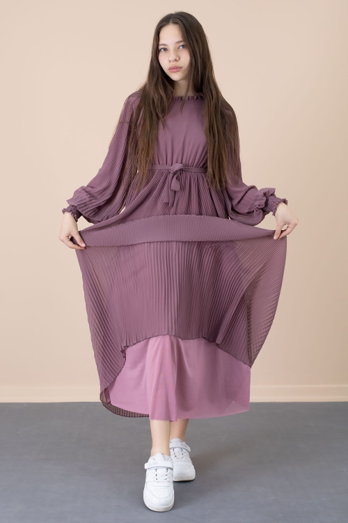 Gül Kurusu Yakası Fırfırlı Kuşaklı Kız Çocuk Piliseli Şifon Elbise 20559