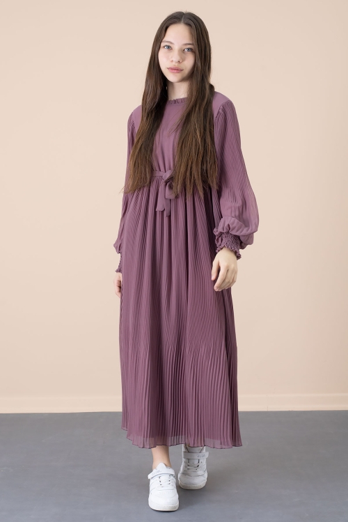 Gül Kurusu Yakası Fırfırlı Kuşaklı Kız Çocuk Piliseli Şifon Elbise 20559