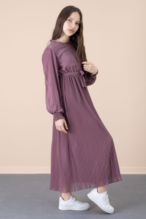 Gül Kurusu Yakası Fırfırlı Kuşaklı Kız Çocuk Piliseli Şifon Elbise 20559