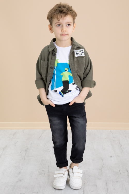 Haki Armalı Jean Gömlekli Pantolonlu Erkek Çocuk 3lü Takım 20026