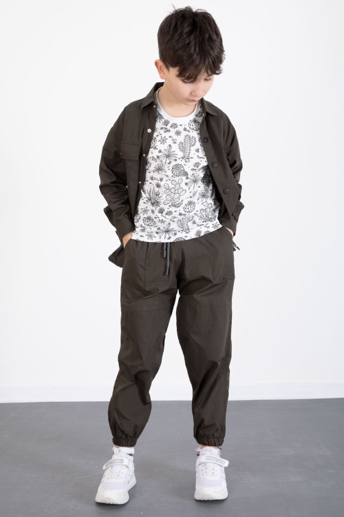 Haki Baskılı Tişörtlü Paraşüt Gömlek ve Pantolonlu Erkek Çocuk 3lü Takım 20514