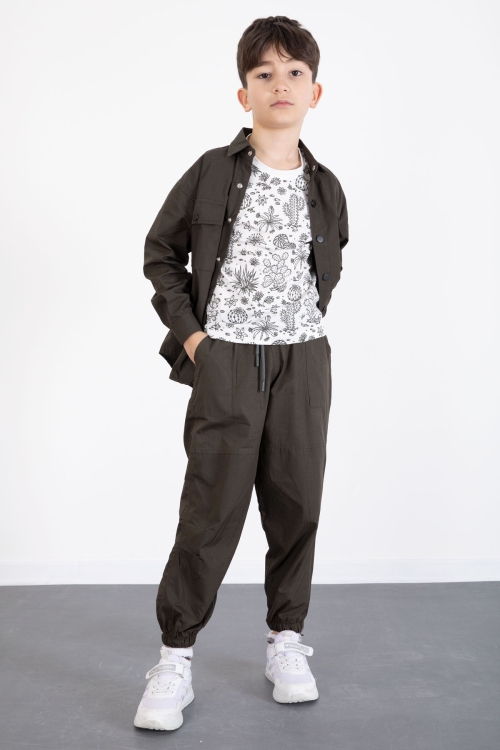 Haki Baskılı Tişörtlü Paraşüt Gömlek ve Pantolonlu Erkek Çocuk 3lü Takım 20514