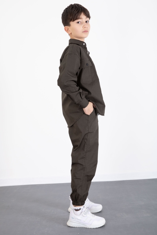 Haki Baskılı Tişörtlü Paraşüt Gömlek ve Pantolonlu Erkek Çocuk 3lü Takım 20514