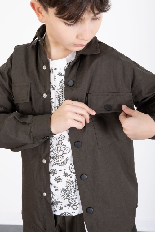 Haki Baskılı Tişörtlü Paraşüt Gömlek ve Pantolonlu Erkek Çocuk 3lü Takım 20514