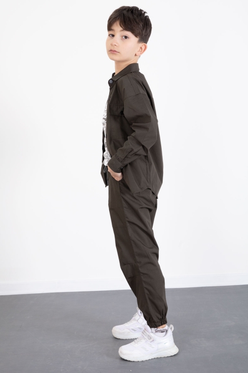 Haki Baskılı Tişörtlü Paraşüt Gömlek ve Pantolonlu Erkek Çocuk 3lü Takım 20514