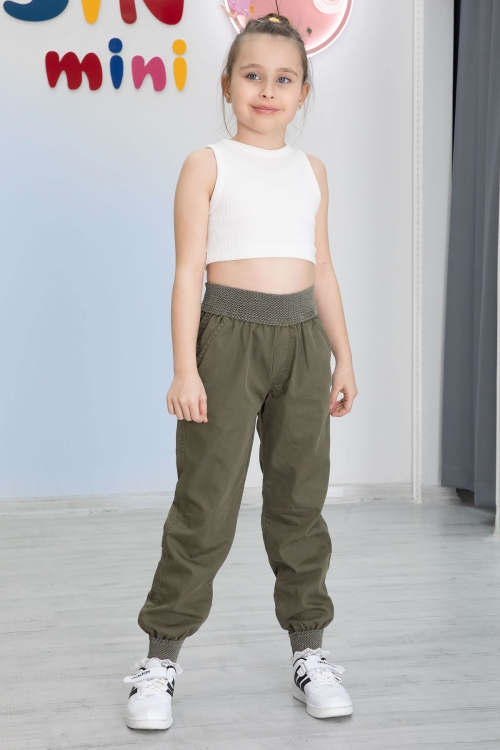 Haki Bel ve Paçası Ribanalı Kız Çocuk Pantolon 20478