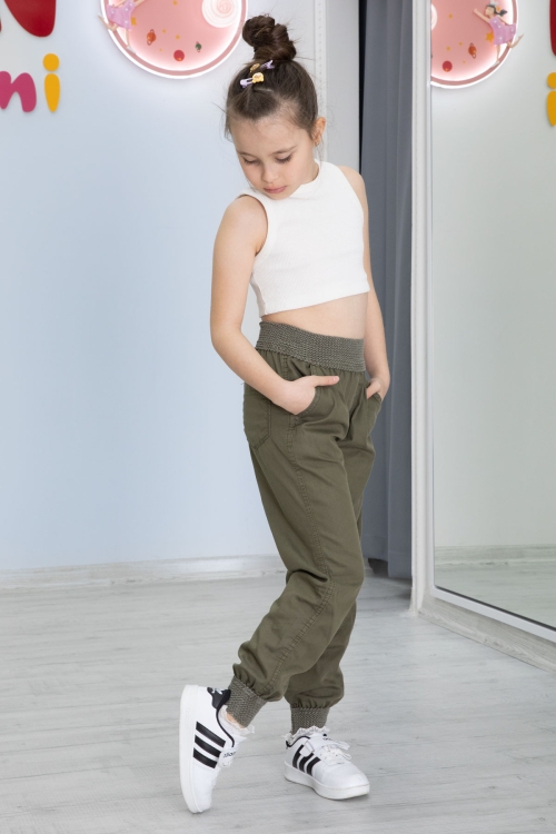 Haki Bel ve Paçası Ribanalı Kız Çocuk Pantolon 20478