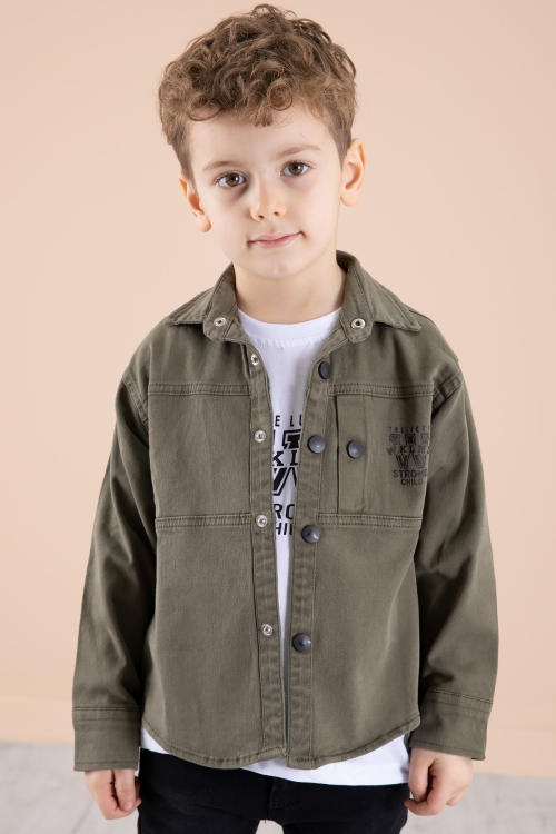 Haki Bisiklet Yaka Tişörtlü Keten Erkek Çocuk Gömlek 20074