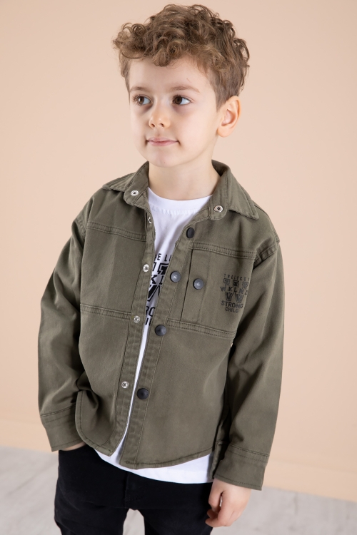 Haki Bisiklet Yaka Tişörtlü Keten Erkek Çocuk Gömlek 20074