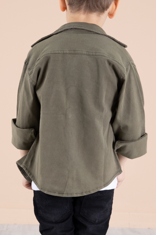 Haki Bisiklet Yaka Tişörtlü Keten Erkek Çocuk Gömlek 20074