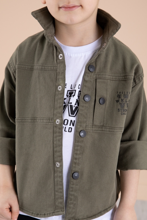 Haki Bisiklet Yaka Tişörtlü Keten Erkek Çocuk Gömlek 20074