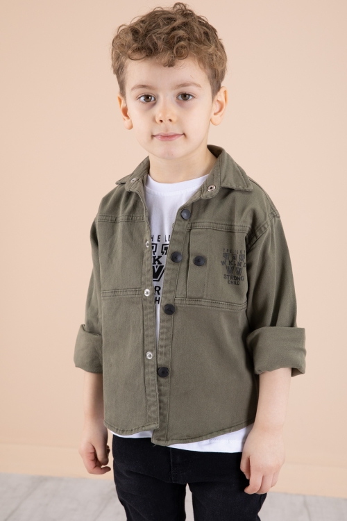 Haki Bisiklet Yaka Tişörtlü Keten Erkek Çocuk Gömlek 20074