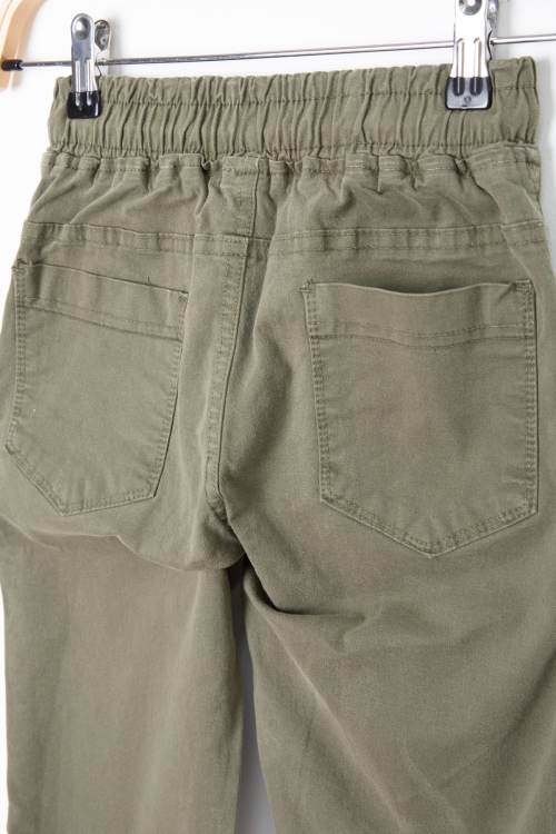 Haki Cebi Dokuma Detaylı Beli Lastikli Erkek Çocuk Keten Pantolon 20414