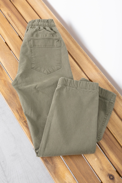 Haki Cebi Dokuma Detaylı Beli Lastikli Erkek Çocuk Keten Pantolon 20414