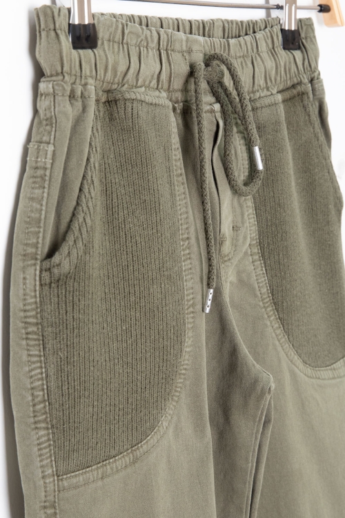 Haki Cebi Dokuma Detaylı Beli Lastikli Erkek Çocuk Keten Pantolon 20414