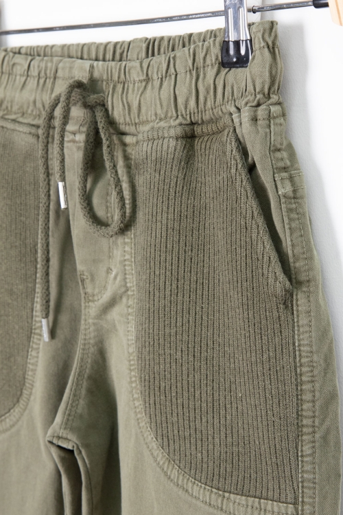 Haki Cebi Dokuma Detaylı Beli Lastikli Erkek Çocuk Keten Pantolon 20414