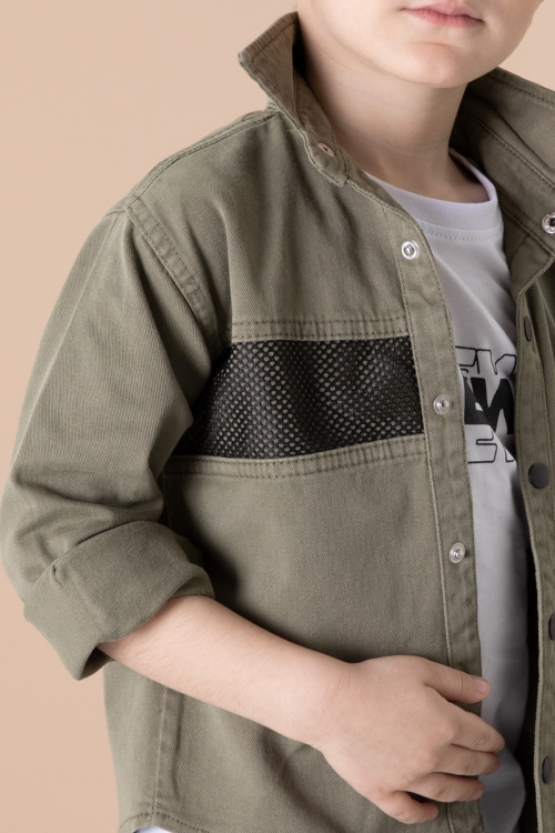 Erkek Çocuk Haki Crew Yazılı Tişörtlü ve File Detaylı Gömlekli 2li Takım 20083