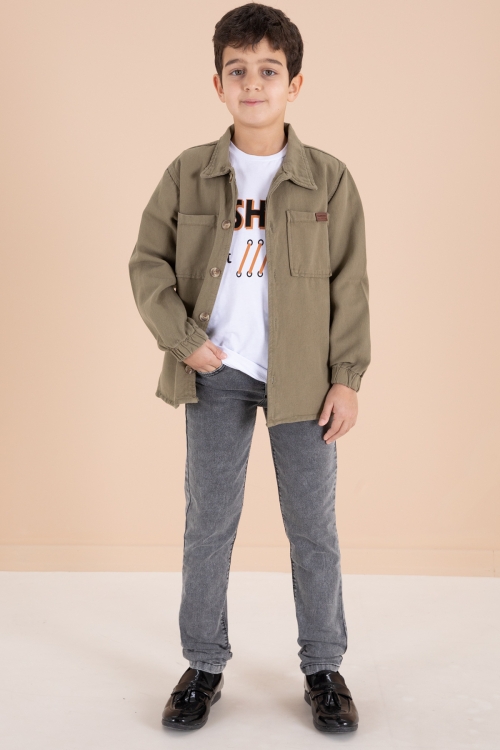 Haki Düğmeli Gömlekli Jean Pantolonlu Erkek Çocuk 3lü Takım 19970