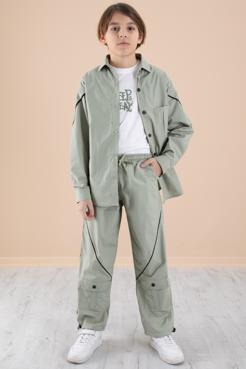 Haki Erkek Çocuk 3lü Takım Tişört Gömlek Pantolon 20231