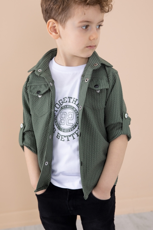 Haki Erkek Çocuk Çıtçıtlı Gömlekli Pantolonlu 3lü Alt Üst Takım 20261