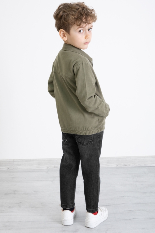 Haki Fermuarlı Jean Ceketli ve Pantolonlu Erkek Çocuk 3lü Takım 20355
