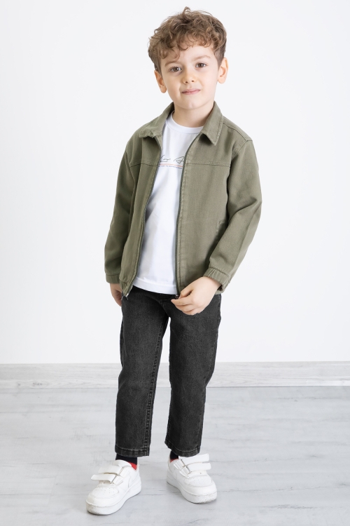 Haki Fermuarlı Jean Ceketli ve Pantolonlu Erkek Çocuk 3lü Takım 20355