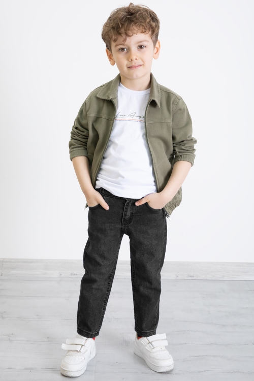 Haki Fermuarlı Jean Ceketli ve Pantolonlu Erkek Çocuk 3lü Takım 20355